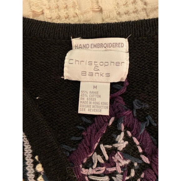 Vintage Christopher & Banks Sweater Cardigan Black Hand stitched Embroidery Med - Picture 10 of 12